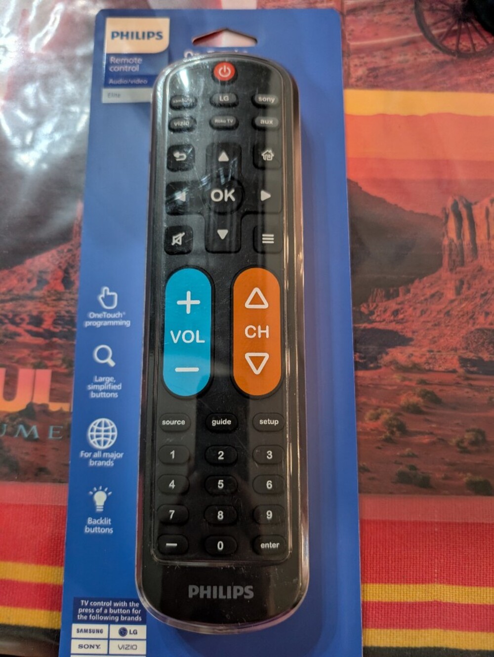 Philips Black Remote with Blue Volume and Orange Channel Buttons